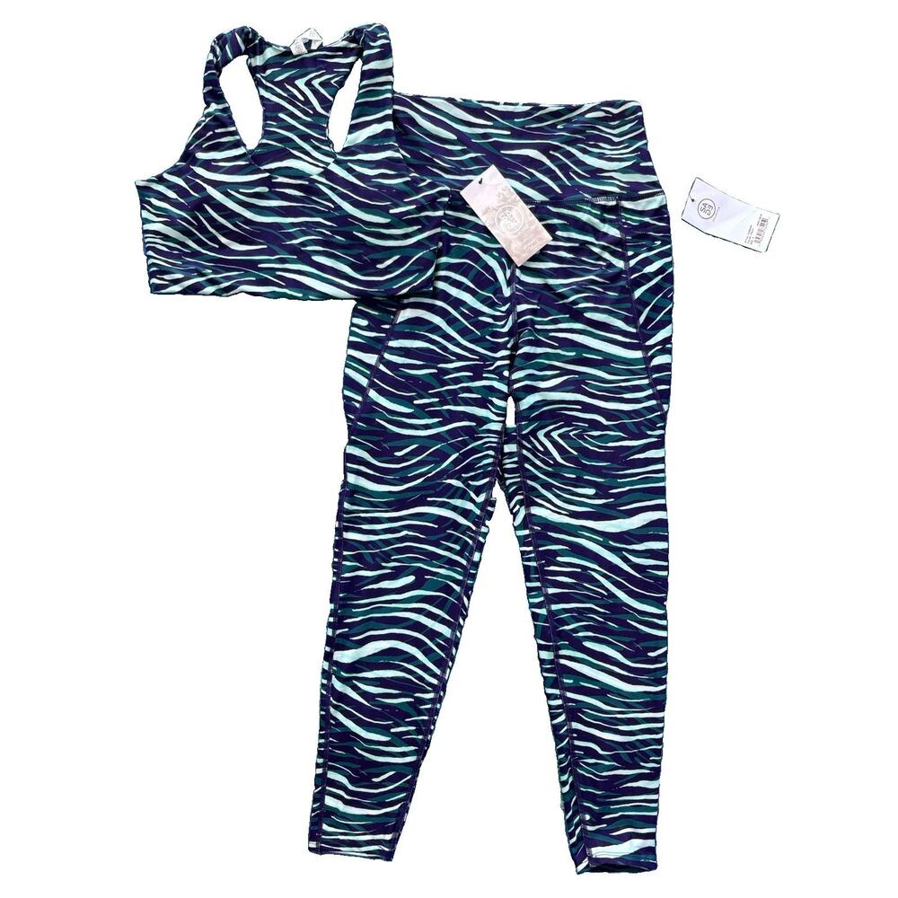 Sage Collective Two Piece NWT Violet Teal Zebra Print Leggings And Bra Set Small